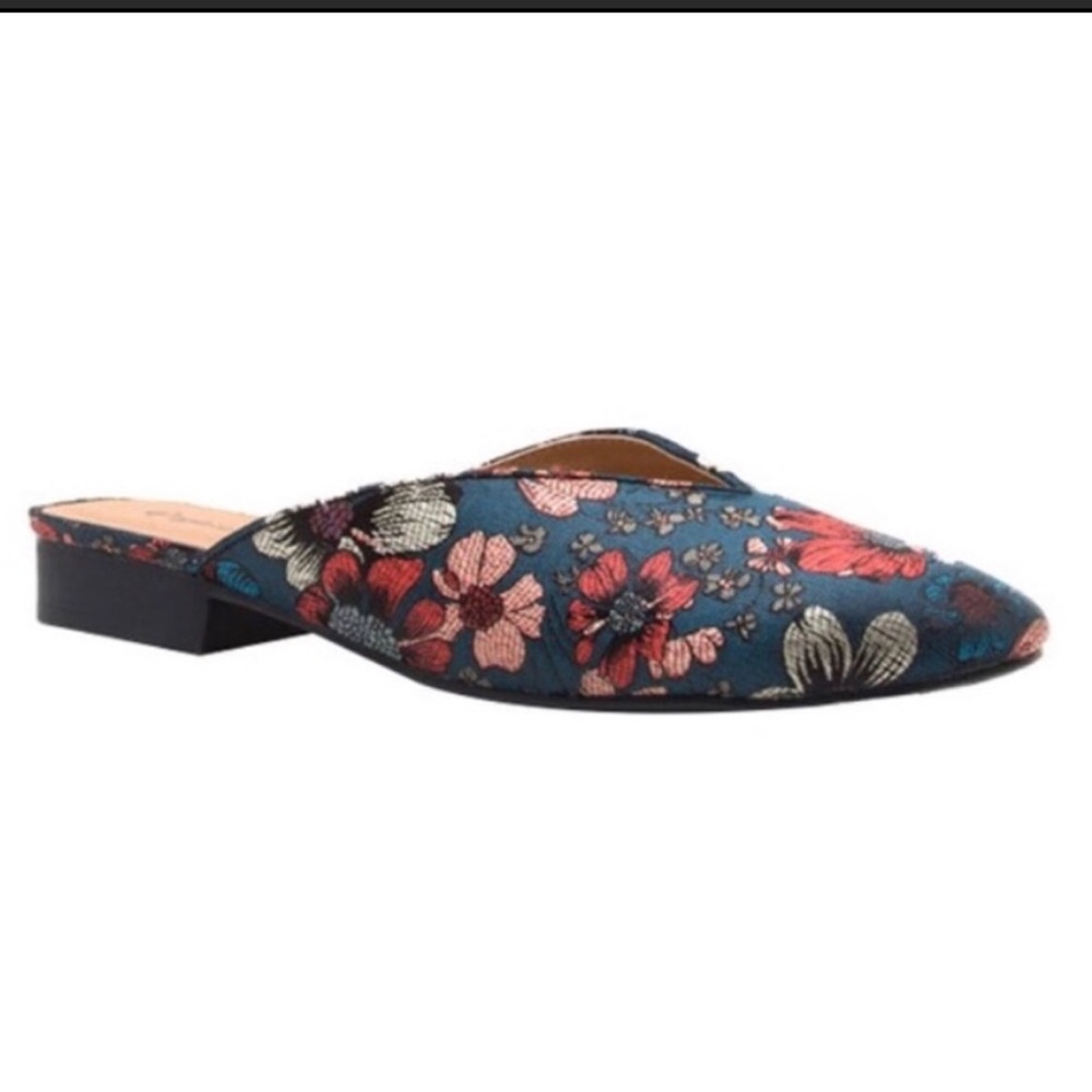 Qupid Turquoise Metallic Brocade Floral Mules